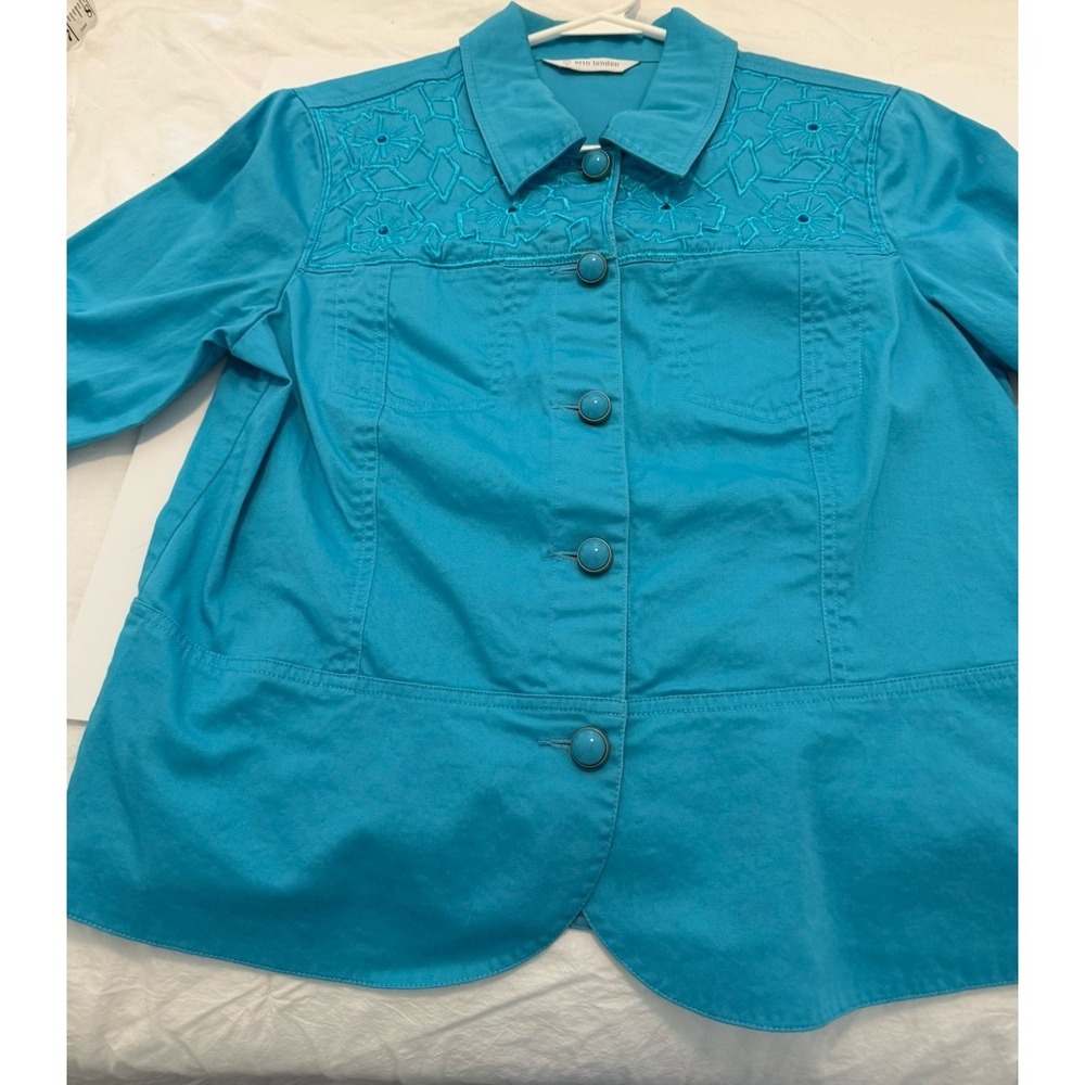 Erin London Turquoise Blue Embroidered Button Front Jacket Floral Yoke Sz M